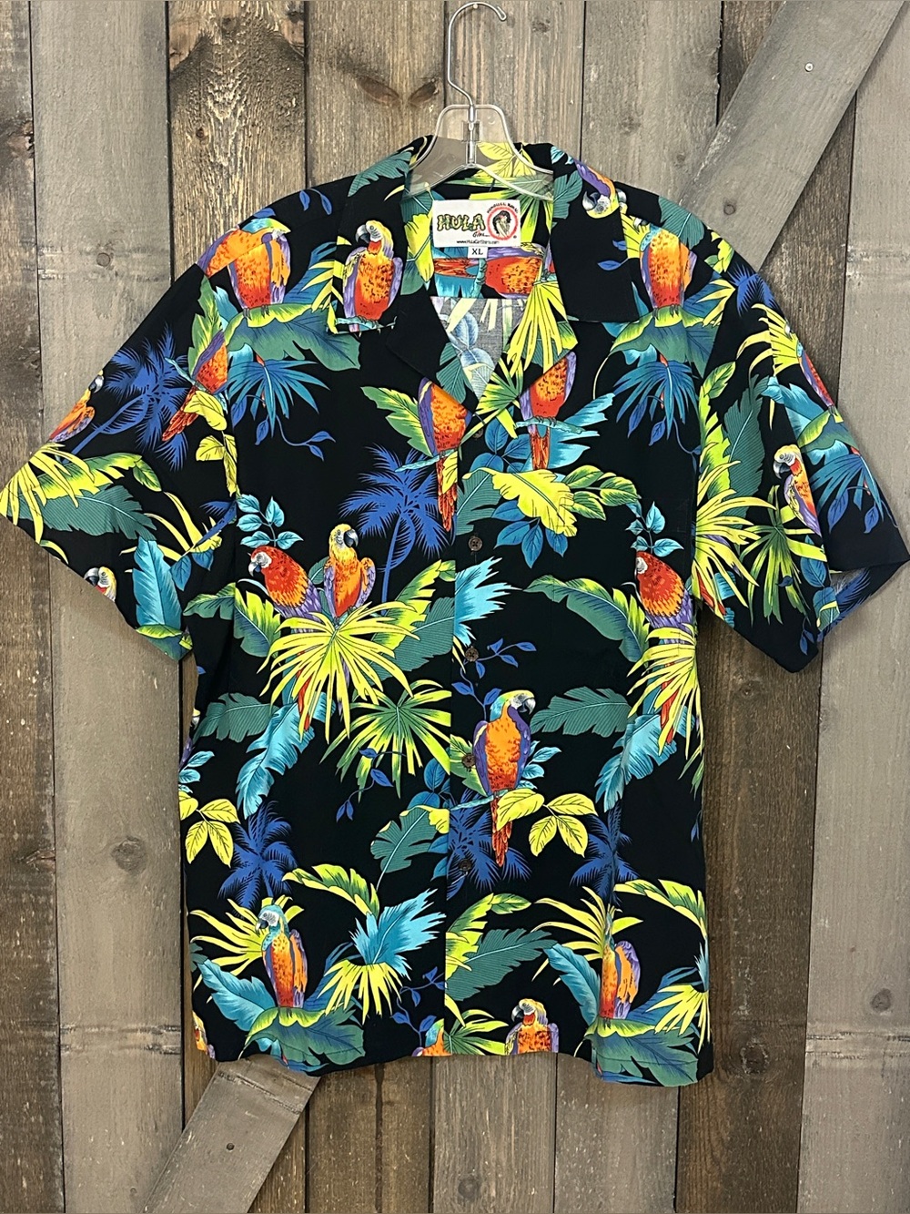 Hula Girl Hawaiian Aloha Vacation Shirt Tropical Parrot Bird Print 100% Cotton